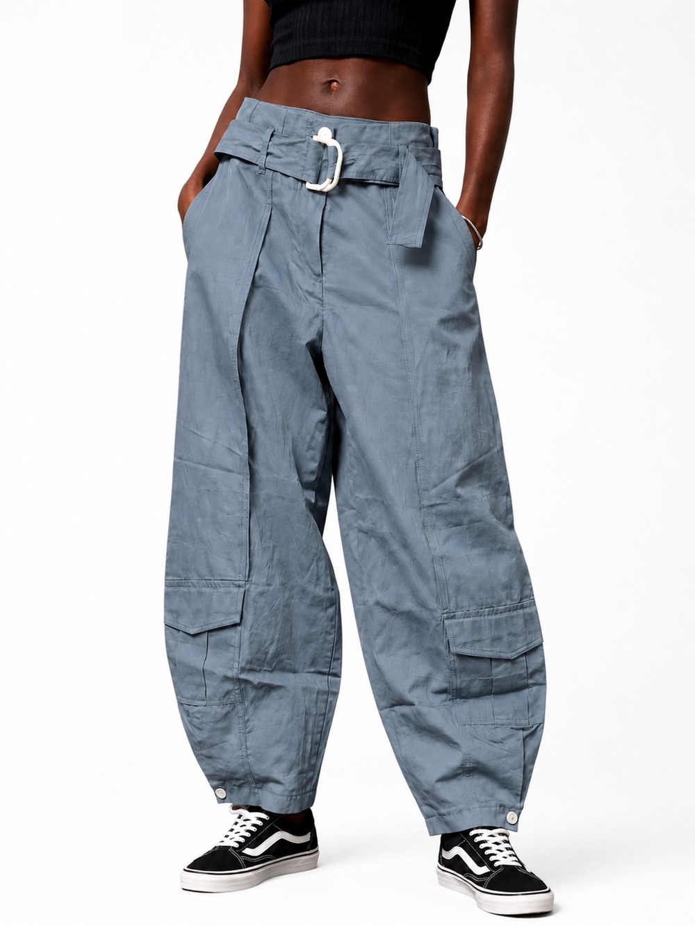 ZARA High-Waist Belted Cargo Pants - Dusty Blue NWT
